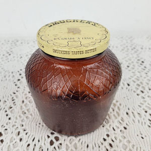 RARE Vintage 1960s Smucker's Jelly or Apple Butter Brown Amber Glass Jar w/ Lid